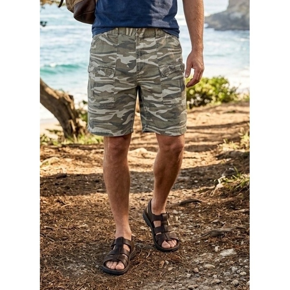 Cabelas Camo Cargo Shorts Men's 44 Cotton Canvas Elastic Waist Outdoor Hiking